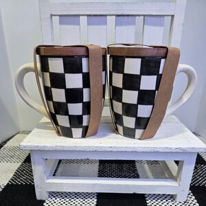 Black & White Checkered Mug Set with Wooden Lids | Brand New | Farmhouse Style.